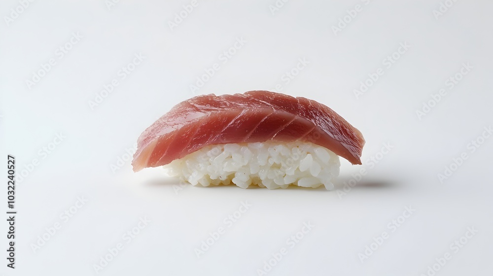 Delicate Nigiri Sushi with Fresh Tuna on Rice Isolated on White Background Delicate Nigiri Sushi with Fresh Tuna on Rice Isolated on White Background