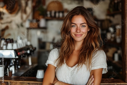 Smiling european woman preparing to open cafe, female owner of the coffee shop is waiting to open the shop, willingly waiting to serve customers, Generative AI photo