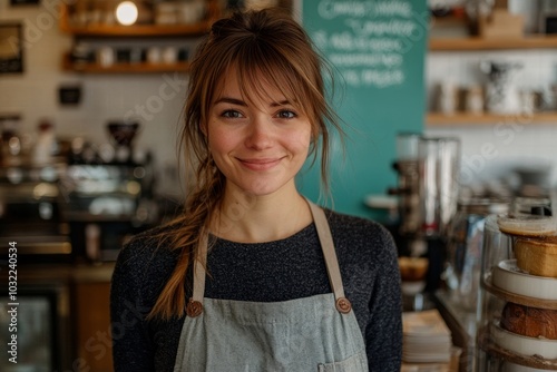 Smiling european woman preparing to open cafe, female owner of the coffee shop is waiting to open the shop, willingly waiting to serve customers, Generative AI photo