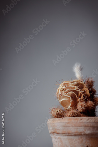 Dried cactus in a clay pot. Concept of dry skin, mental health problems, emotional burnout, dehydration. Lack of clean water and the environmental consequences of global warming. photo