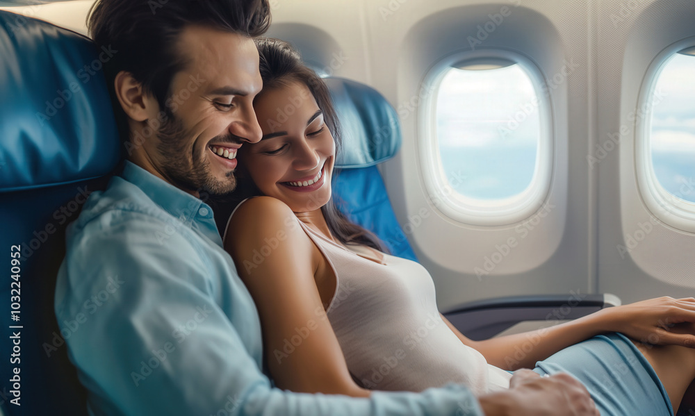 Fototapeta premium Couple cuddling together on airplane, relaxed and romantic, enjoying their flight