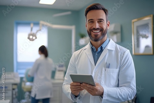 Happy male dentist with digital tablet in clinic waiting for patient in stomatological cabinet, smiling at camera, free space, Generative AI