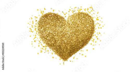 Gold glitter heart isolated white background.