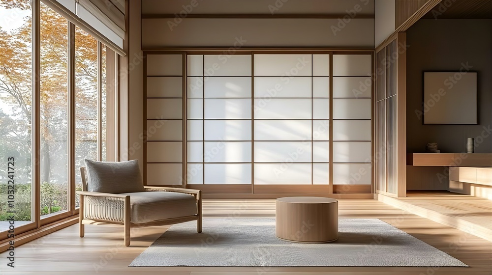 Fototapeta premium A modern Japanese living room with wooden flooring, featuring large windows, a sliding door, and minimalist furniture, creating a bright and empty space