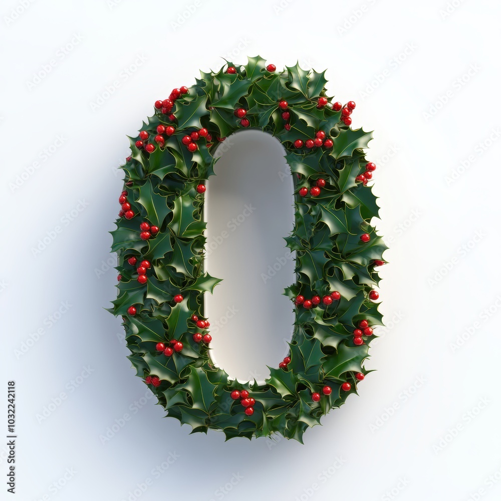3D number 0 with holly leaves realistic modern design, soft lighting, white background 3D number 0 with holly leaves realistic modern design, soft lighting, white background