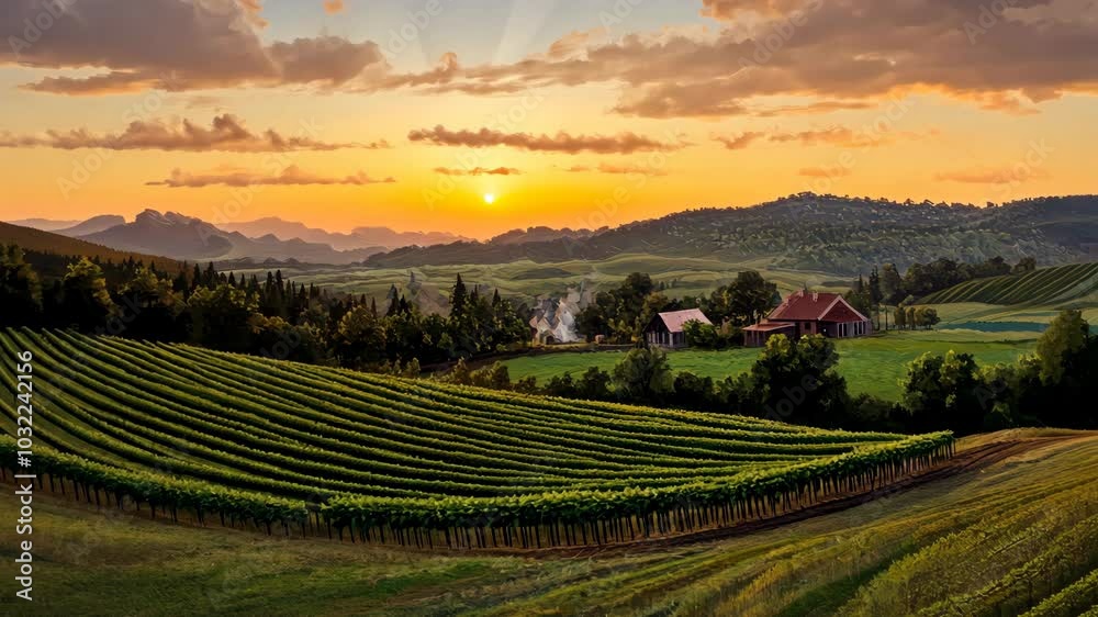 A vineyard in the foothills of the mountains at sunset A vineyard in the foothills of the mountains at sunset