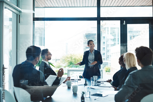 Tableau sur toile Meeting, pitch and business people in office with woman, b2b and development plan