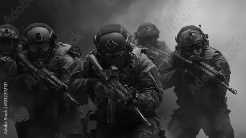 A team of four soldiers in tactical gear and helmets, armed with rifles, advance through a smoky battlefield.