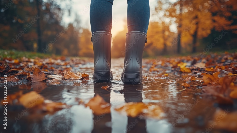 Beautiful new rubber boots in a puddle, on a sunny fall day Beautiful new rubber boots in a puddle, on a sunny fall day