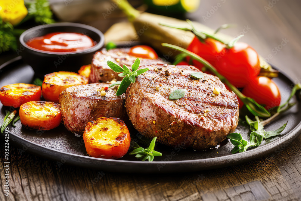 Sizzling churrasco served on black plate with grilled tomatoes and herbs, accompanied by small bowl of sauce. Sizzling churrasco served on black plate with grilled tomatoes and herbs, accompanied by small bowl of sauce.