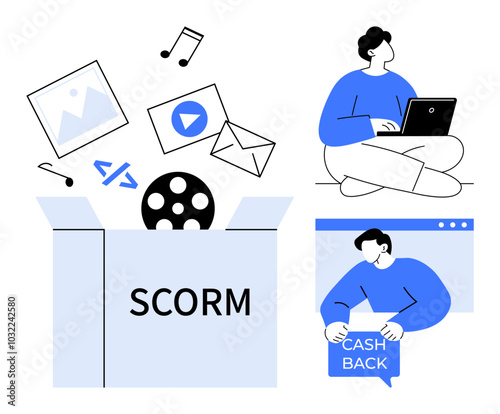 Person with laptop, another holding cash back sign, content file icons emerging from a box labeled SCORM. Ideal for eLearning, digital content, technology integration, online courses, interactive