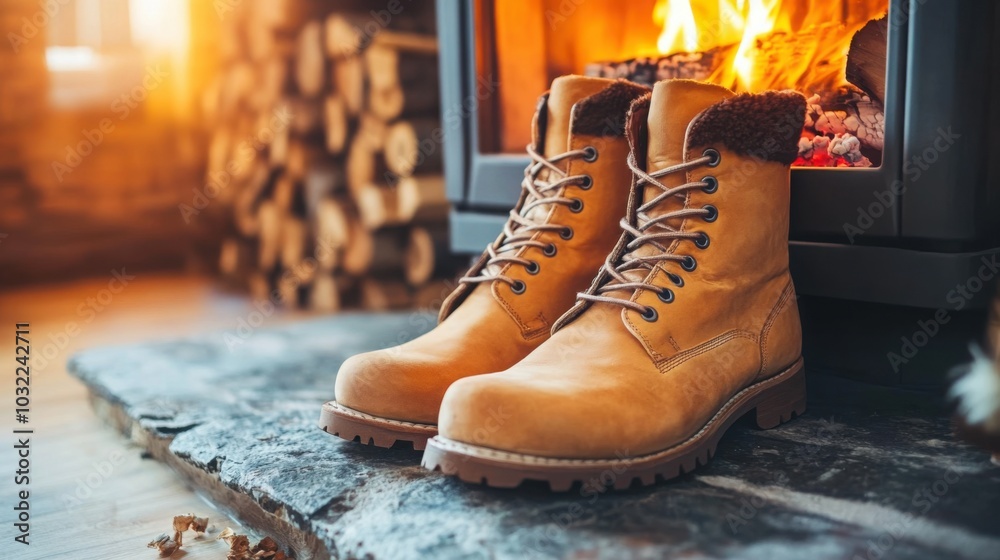 Winter boots drying by the fireplace in a cozy rustic room, illuminated by the warm glow of flames reflecting on the leather surfaces Winter boots drying by the fireplace in a cozy rustic room, illuminated by the warm glow of flames reflecting on the leather surfaces
