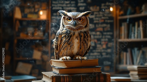 Wallpaper Mural Enchanting scene of an owl teacher wearing glasses perched on a stack of books in a classroom surrounded by educational tools and eager students celebrating World Book Day and Knowledge Day Torontodigital.ca