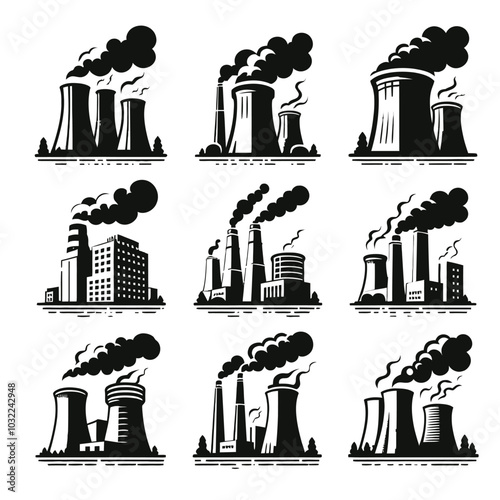 Power plant chimneys with smoke. icon set