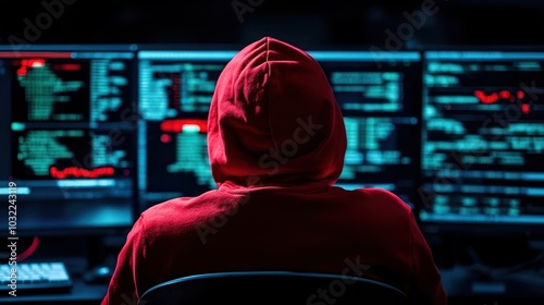 Hacker in a red hoodie working on computer with multiple screens.