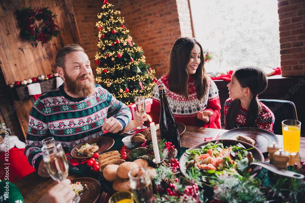 Portrait of friendly peaceful family chatting eat gather celebrate new year xmas flat indoors Portrait of friendly peaceful family chatting eat gather celebrate new year xmas flat indoors