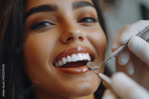 Young woman having dental check up at dentist office, doctor using tools and checking female perfect teeth, Generative AI