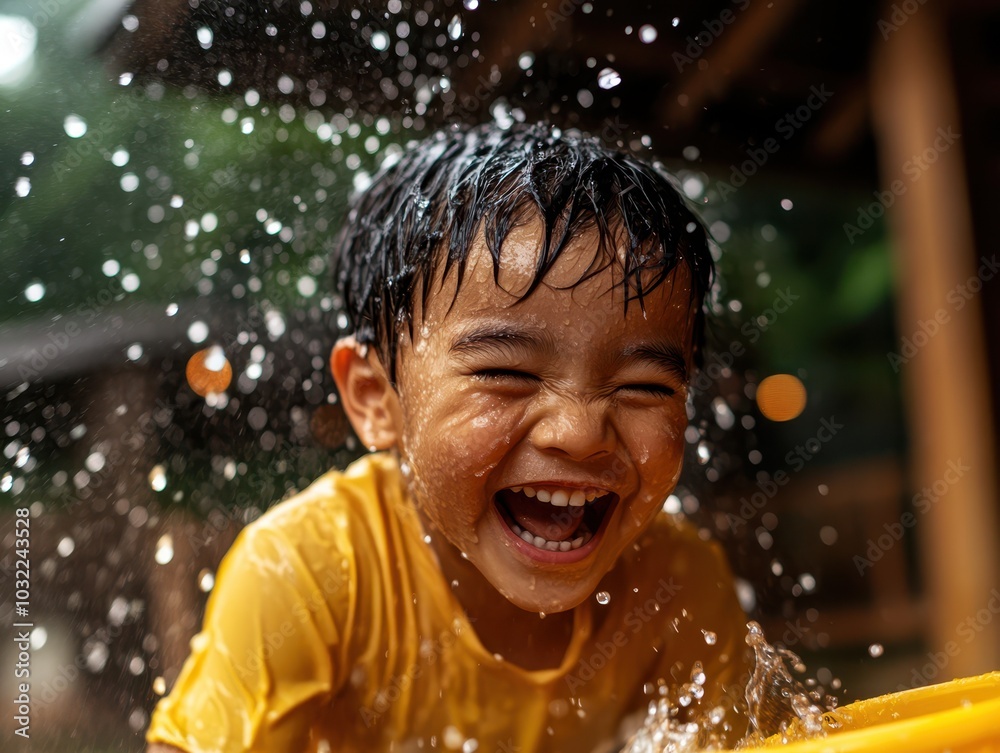 Joyful child playing in water, splashing and laughing, bright summer fun. Joyful child playing in water, splashing and laughing, bright summer fun.