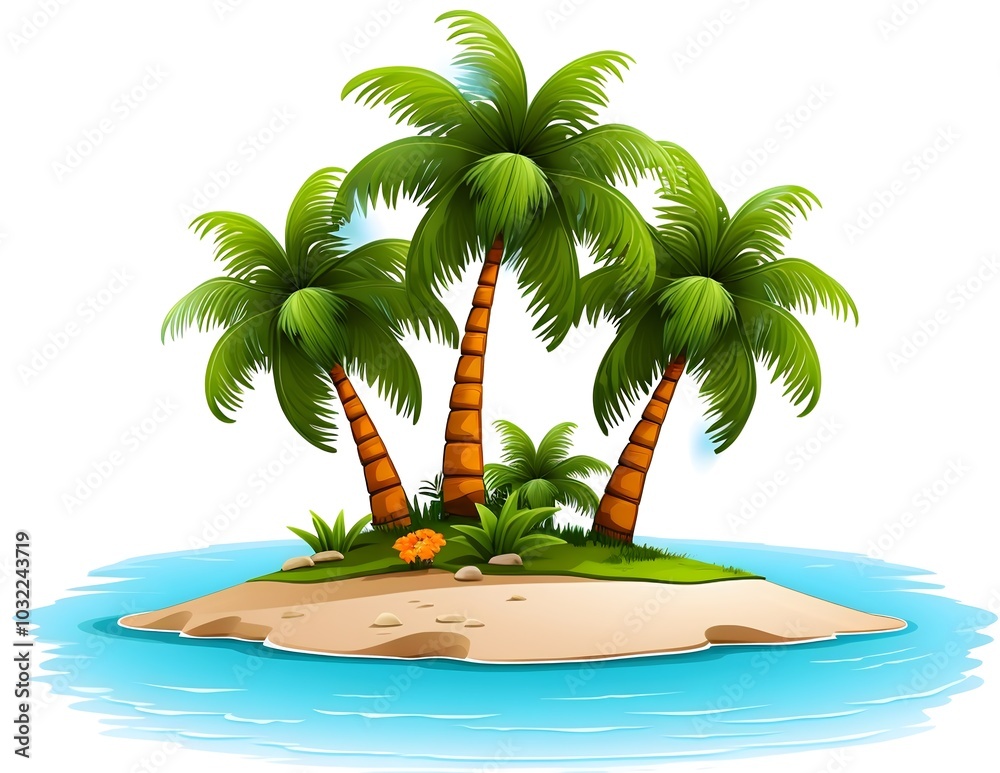 Obraz premium Tropical islan with palm trees surrounded by water on transparent background paradise illustration