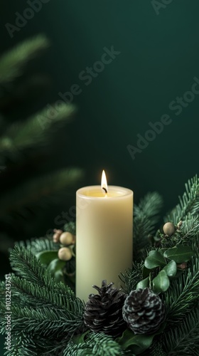 An elegant white lighted candle in a green Christmas wreath. Festive simplicity with a pastel green background and copy space.