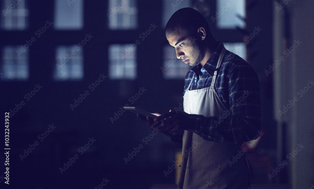 Small business, night and man in coffee shop, tablet and service with typing, connection and startup. Person, entrepreneur and barista with technology, evening and communication with website info Small business, night and man in coffee shop, tablet and service with typing, connection and startup. Person, entrepreneur and barista with technology, evening and communication with website info