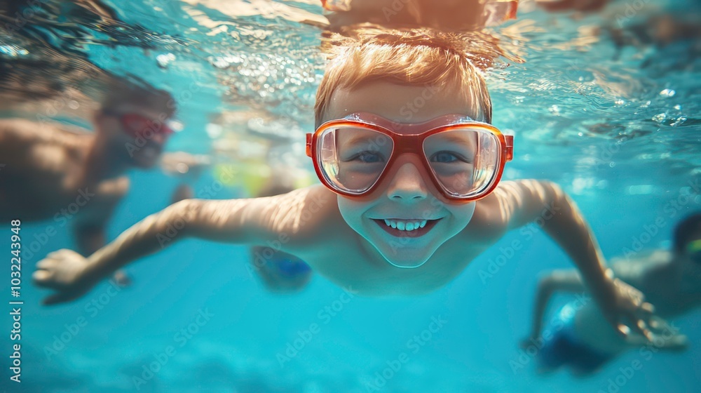 Naklejka premium Happy boy in goggles swims underwater in a pool, smiling and looking at the camera.