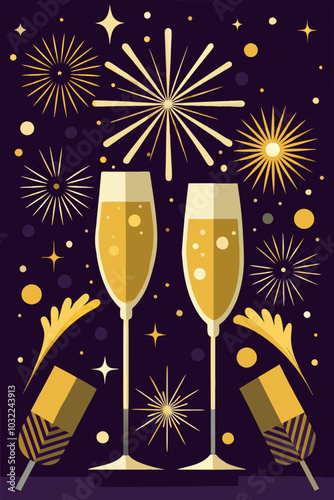 Chic New Year celebration with sparkling champagne flutes and festive fireworks on a dark background, all colors adjustable