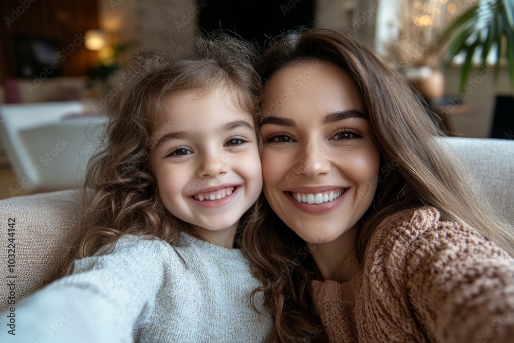 Cheerful mother and little girl taking selfie sitting on couch, family spending time together, happy mom and daughter making video call, Generative AI Cheerful mother and little girl taking selfie sitting on couch, family spending time together, happy mom and daughter making video call, Generative AI