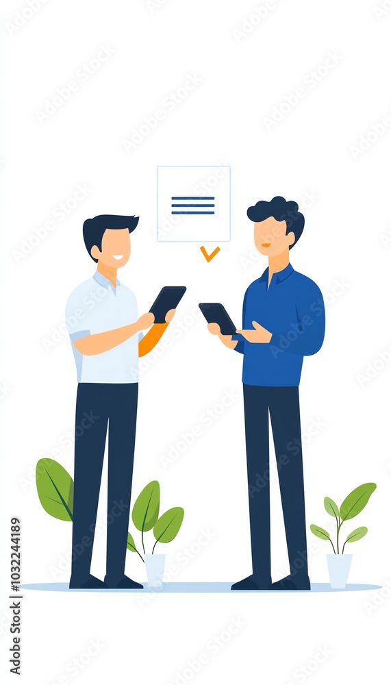 Illustration of two people communicating with devices, white isolate background Illustration of two people communicating with devices, white isolate background