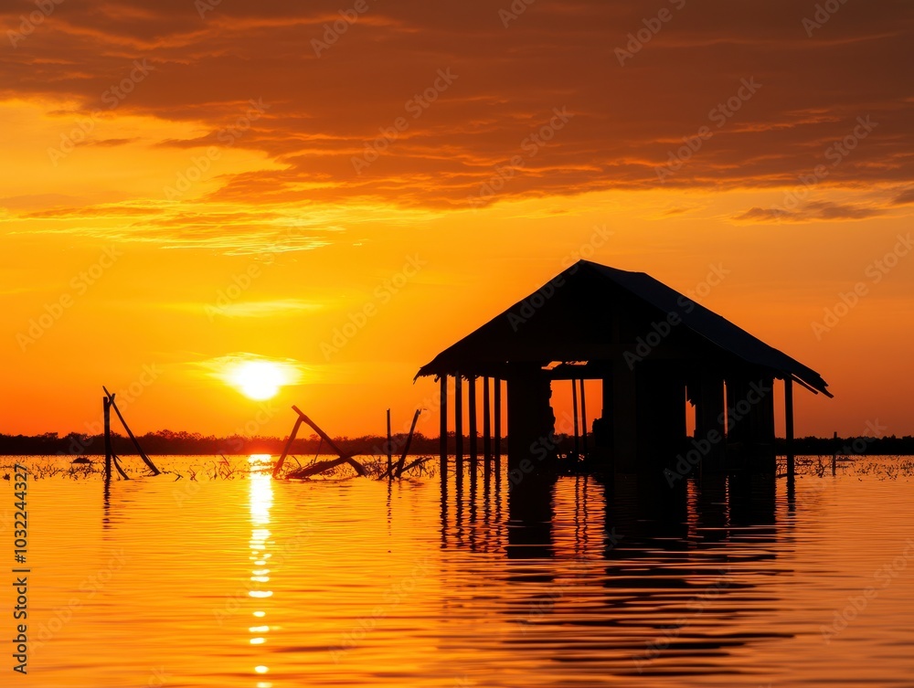 Silhouette of a rustic house on water during a vibrant sunset. Silhouette of a rustic house on water during a vibrant sunset.