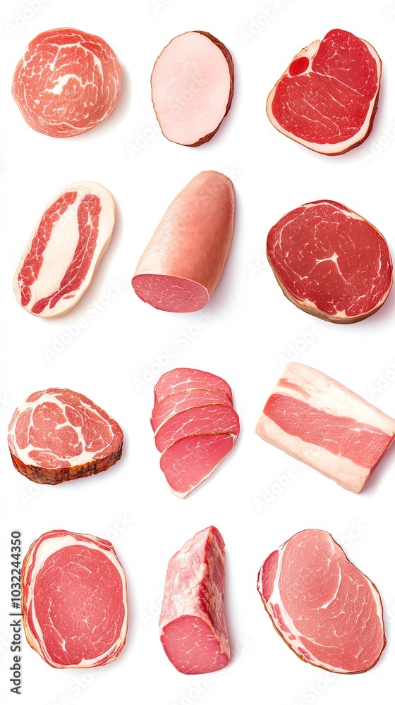 Variety of sliced meats, white isolate background
