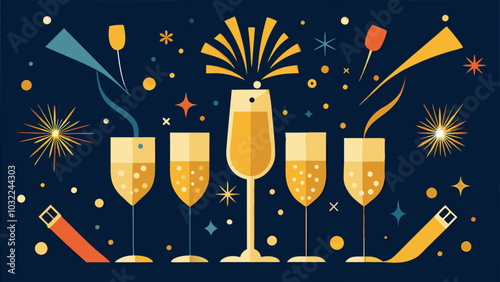 Festive celebration setup with sparkling champagne glasses and colorful decorations on a dark background, all colors adjustable