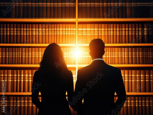 Silhouetted couple in front of a glowing bookshelf, symbolizing knowledge and partnership.