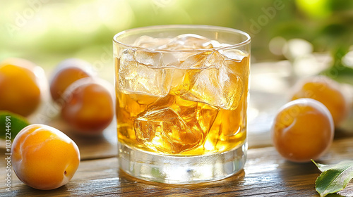 Glass of umeshu with ice cubes rich and elegant