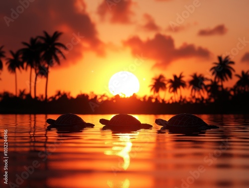 Turtles swimming at sunset with palm trees silhouetted against a vibrant sky.