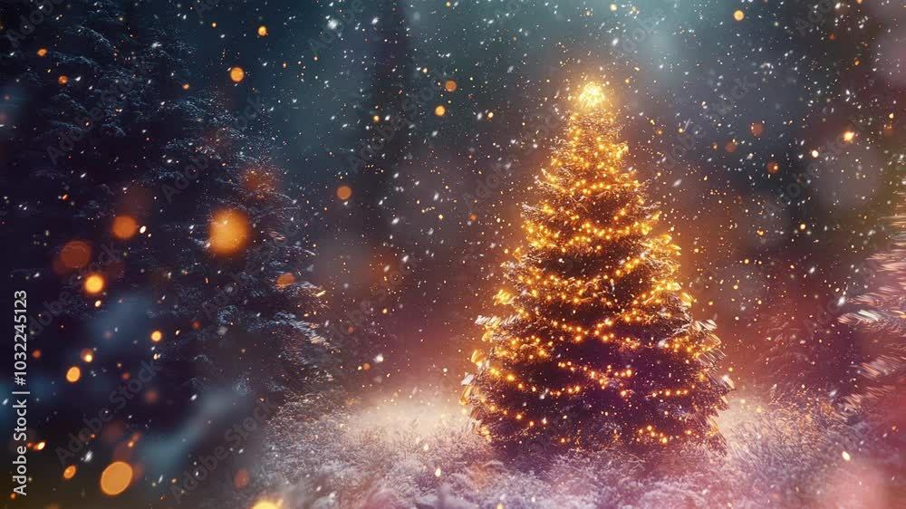 A christmas tree in the snow with snow falling with lights. Card, banner, space place.
