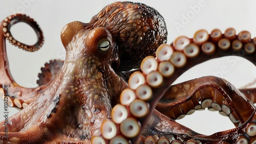 Close-up of an octopus with detailed texture, studio shot. Marine life and biology concept.
