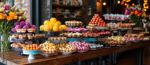 An elaborate dessert display with a variety of cupcakes, macarons, and other treats.