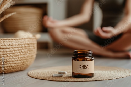 DHEA Supplement with Meditation Background: Wellness and Mindfulness in Modern Health Trends photo