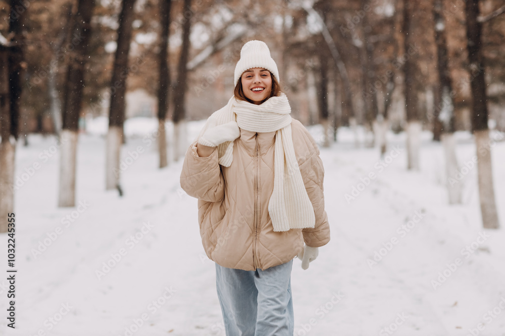 Obraz premium Happy smiling young woman portrait dressed coat scarf hat and mittens enjoys winter weather walking at snowy winter park