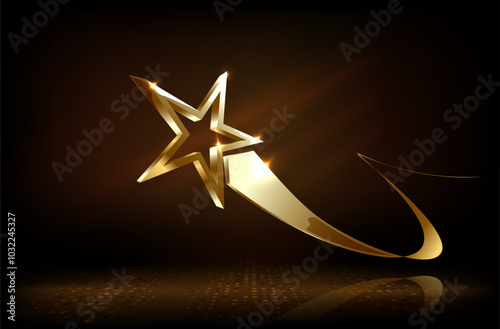 Award ceremony background with 3d gold star and ribbon element and glitter light effect decoration.