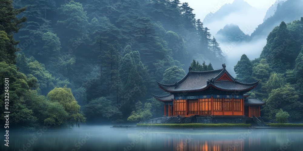 Serenity of the Ancient Temple: A Peaceful Forest in Fantasy China, Generative AI Serenity of the Ancient Temple: A Peaceful Forest in Fantasy China, Generative AI