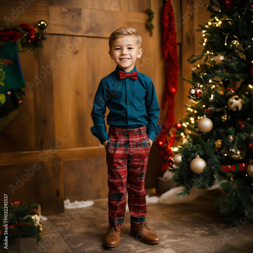 Smiling boy in festive attire by Christmas tree