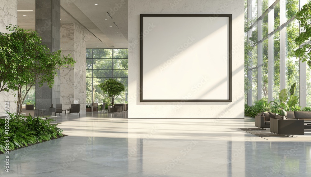 A modern, spacious lobby featuring large windows, greenery, and a blank frame for artwork. A modern, spacious lobby featuring large windows, greenery, and a blank frame for artwork.