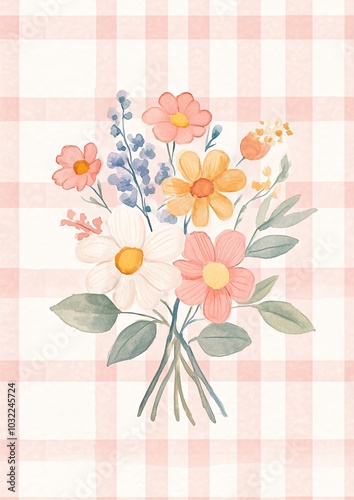 Watercolor Floral Bouquet on Pink Checkered Background - Vibrant Flowers and Leaves for Artistic and Creative Designs