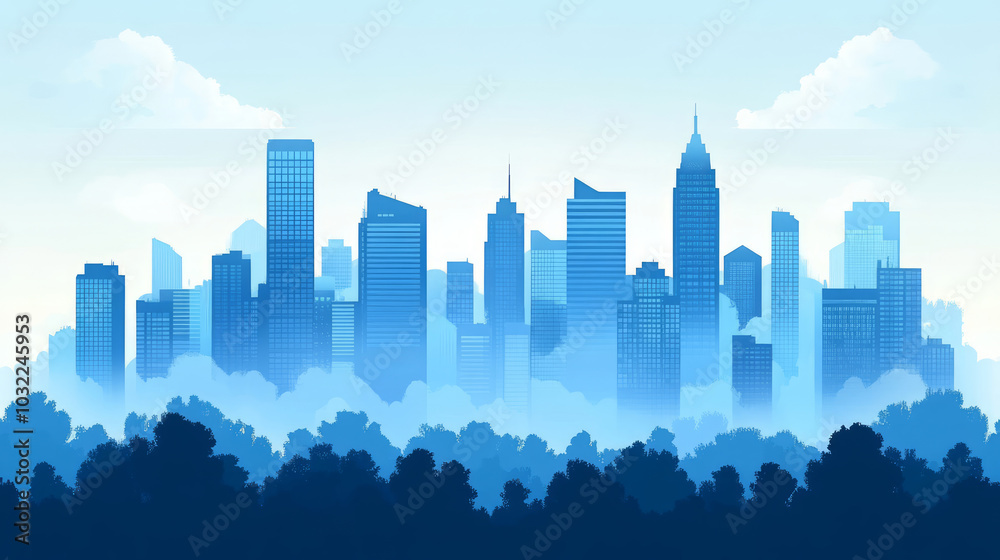 Fototapeta premium Blue tall buildings flat city skyline illustration