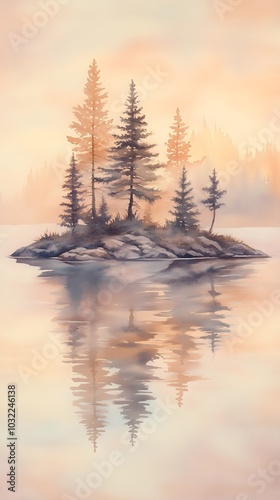 Watercolor painting with muted colors, depicting trees on an island in the middle of water, with a reflection and silhouette