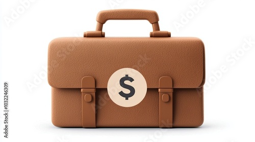 Brown leather briefcase with a dollar sign emblem on white background 