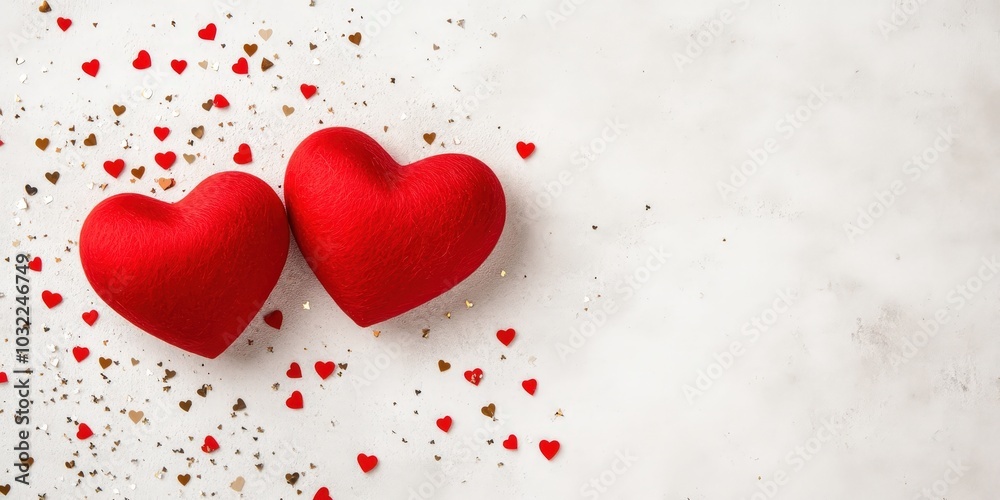 Romantic Hearts with Confetti on Light Background Romantic Hearts with Confetti on Light Background