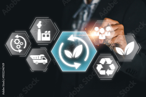 Visual representation of life cycle assessment with sustainability icons, highlighting eco-friendly practices and environmental impact.